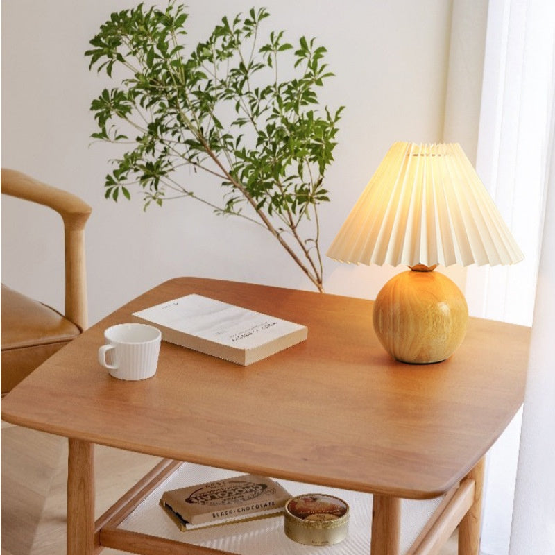 Lumva Wren | Natural Wood Bedside Lamp with Pleated Shade